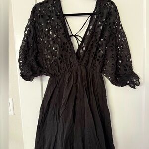 Free People Black Bella Notte Mini Dress Eyelet Sleeve